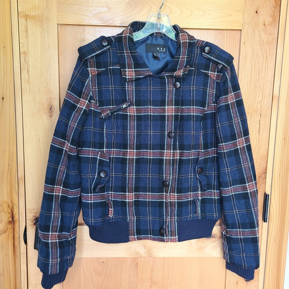 MNG Mango Wool Blend Blue Plaid Short Coat LARGE Jacket Moto Style